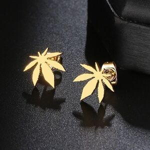Gold Weed Leaf Stud‎ Earrings Hypoallergenic Stainless Steel Marijuana Jewelry